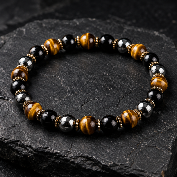 Triple Protection Energy Bracelet (Tiger Eye, Obsidian & Hematite) — Premium Authentic Specimen