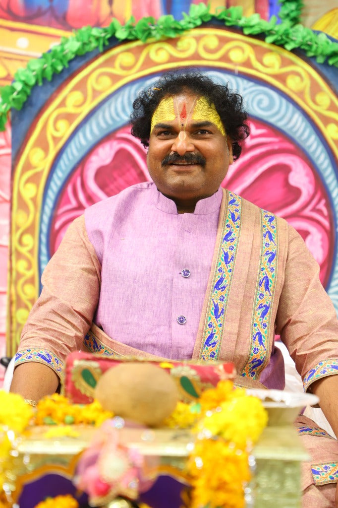 Acharya Shrikant Tripathi Ji conducting sacred spiritual guidance and Shrimad Bhagwat Katha in Vrindavan Dham