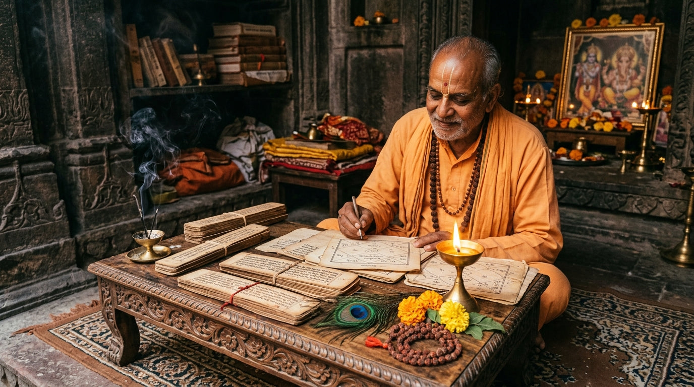 Vedic Astrological Sanctum in Vrindavan Dham with ancient Sanskrit palm leaves, Janam Kundali charts, brass lamps and holy marigolds