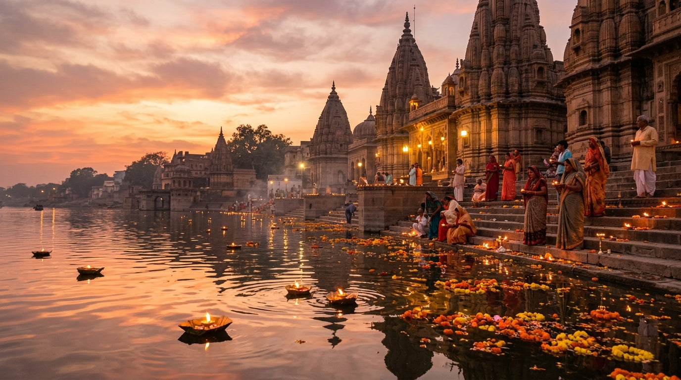 Sacred Keshi Ghat Yamuna River in Vrindavan Dham at sunset with temple shikhars